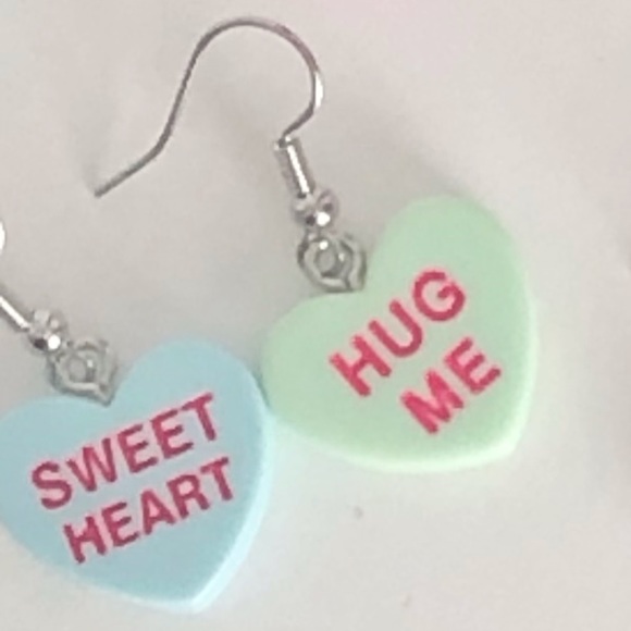 New Conversation Hearts Dangle Drop Earrings Fun Party Gift Mismatched Love Word - Picture 3 of 7